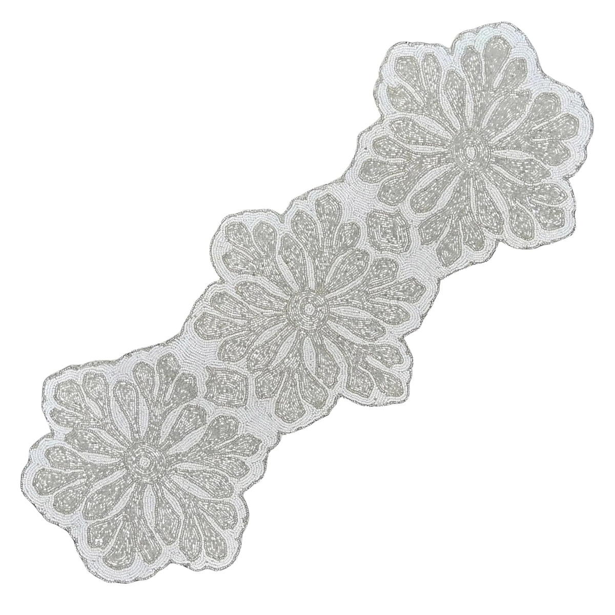 Alpha Living Home Beaded Table Runner, 13x36 in, Silver & White