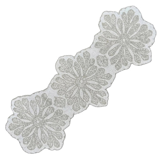 Alpha Living Home Beaded Table Runner, 13x36 in, Silver & White