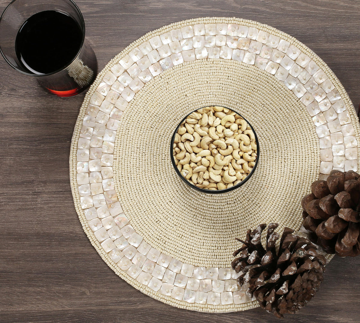 ALPHA Living HOME Ivory Beaded Placemat 13 Inch Round Glass Bead Dining Mat- Set of 1