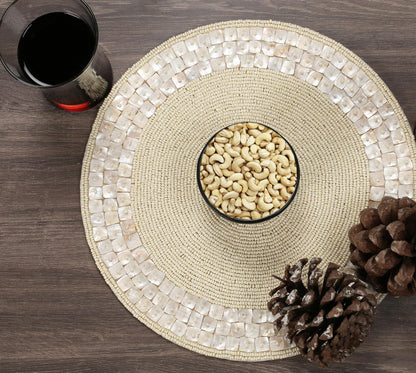 ALPHA Living HOME Ivory Beaded Placemat 13 Inch Round Glass Bead Dining Mat- Set of 1