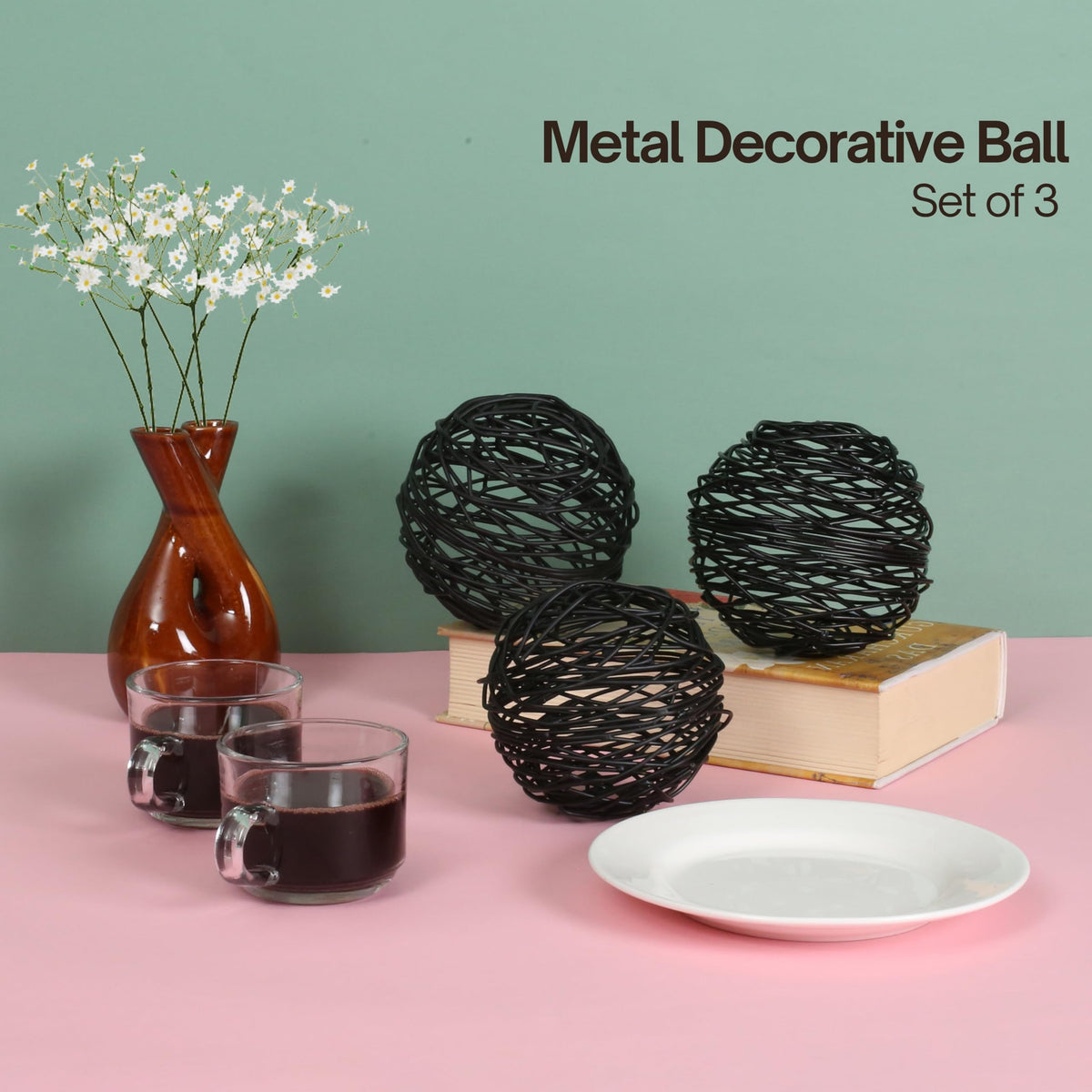 Alpha Living Home Black Metal Decorative Balls Set of 3, Modern Table Orbs-Black Sable