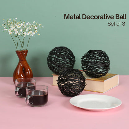 Alpha Living Home Black Metal Decorative Balls Set of 3, Modern Table Orbs-Black Sable
