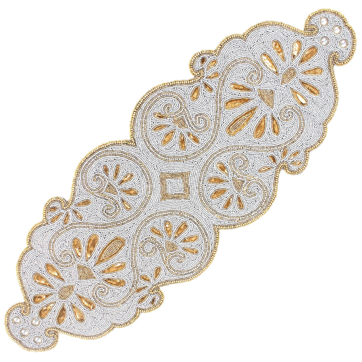 Beaded Runner 36 inch - 13x36 Inch Handmade Glass Bead & Polyester Décor Elegant Dining & Coffee Table Accent -Perfect for Weddings Holidays Farmhouse & Home (Gold Silver) - ALPHA Living HOME