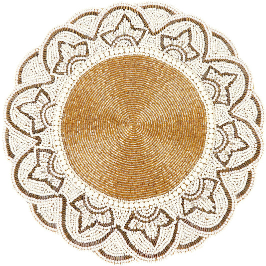 Hand-Beaded 13-Inch Round Placemat, Gold Ivory, Set of 1