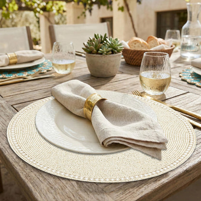 Round Beaded Placemats - Handmade Beaded Table Mat Non-Slip Polyester Backing for Dining Table Decor, Kitchen, Parties, Family Meals Pack of 2 (Ivory) - ALPHA Living HOME