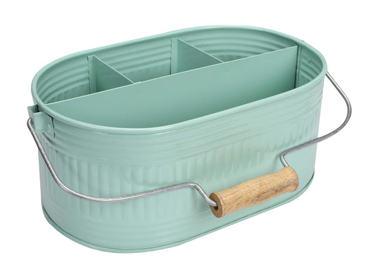 Alpha Living Home Farmhouse Utensil Caddy Carry-All Serveware-Galvanized Metal Organizer for Kitchen Counter-Comfort Wooden Handle In/Outdoor Storage For Flatware,Condiments,Party Cutlery,Arts-TEAL