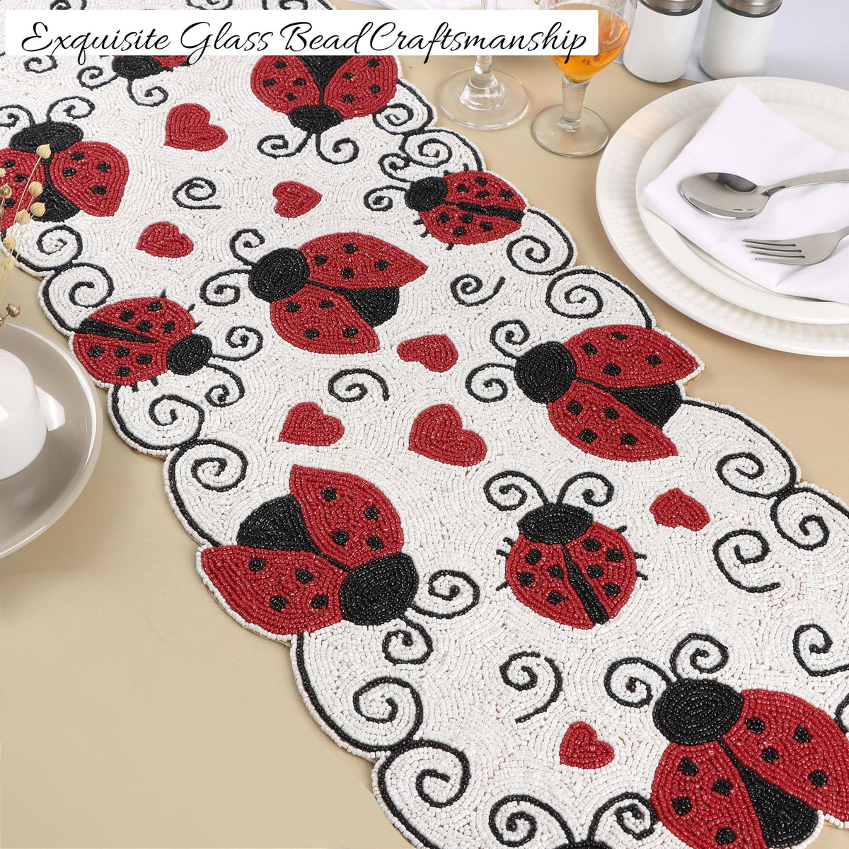 Beaded Table Runner 13 x 36 Inch - Handmade Glass Bead Decorative Runner for Dining Table, Coffee Table, Farmhouse, Wedding, Holiday & Everyday Centerpiece Decor, Garnet Black