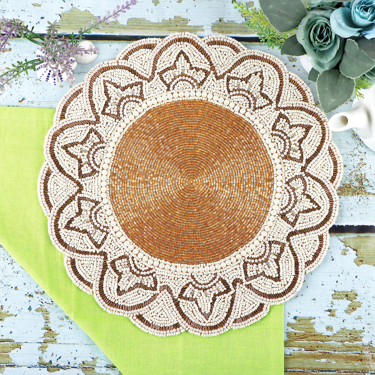 Hand-Beaded 13-Inch Round Placemat, Gold Ivory, Set of 1