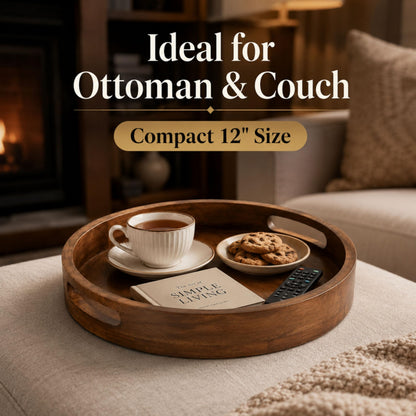 Round Wooden Tray - 12" Decorative Wood Serving Tray - Perfect for Breakfast, Lunch, Dinner, Appetizers, Patio, Ottoman, Coffee Table - Durable Living Room Couch Tray (Walnut) - ALPHA Living HOME