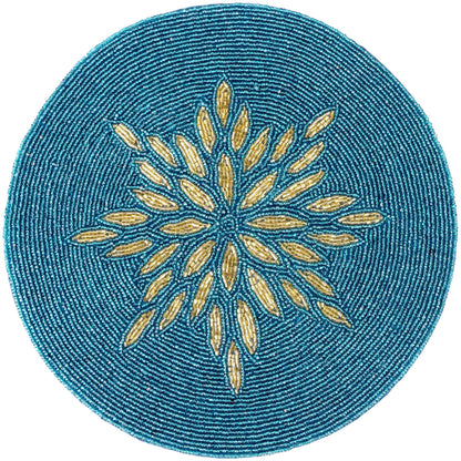 Alpha Living Home 13-Inch Round Beaded Placemat, Gold Teal, Set of 1