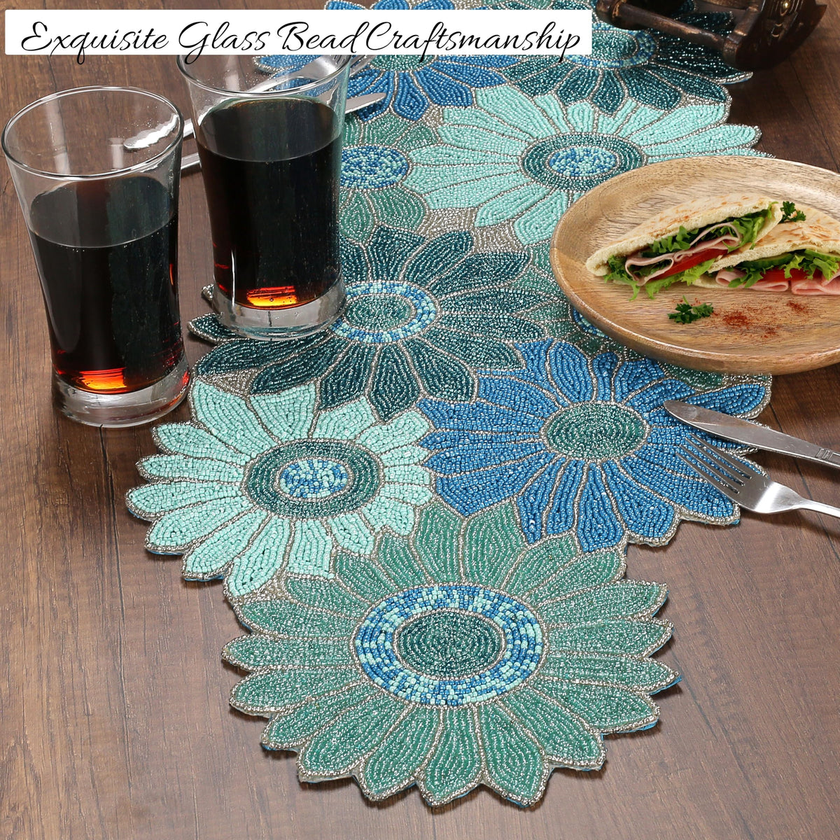 ALPHA Living HOME Blue Beaded Runner 13x36 Inch Handmade Dining Table Decor