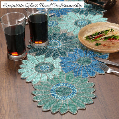 ALPHA Living HOME Blue Beaded Runner 13x36 Inch Handmade Dining Table Decor