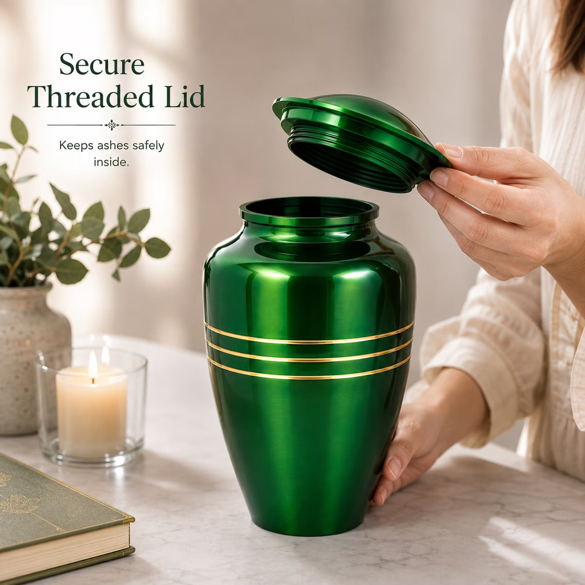 Memorials Cremation Urns for Human Ashes Cremation Urn Funeral Urns for Adult Female & Male Decorative Burial Urn Holds Large up to 220 lbs (Green Gold) - ALPHA Living HOME