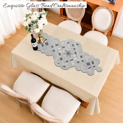 Handmade Beaded Table Runner 13 x 36 Inch, Grey Silver Decorative Glass Bead Table Runner with Polyester Back, Elegant Dining Table Centerpiece for Coffee, Wedding, Holiday & Farmhouse Home Décor