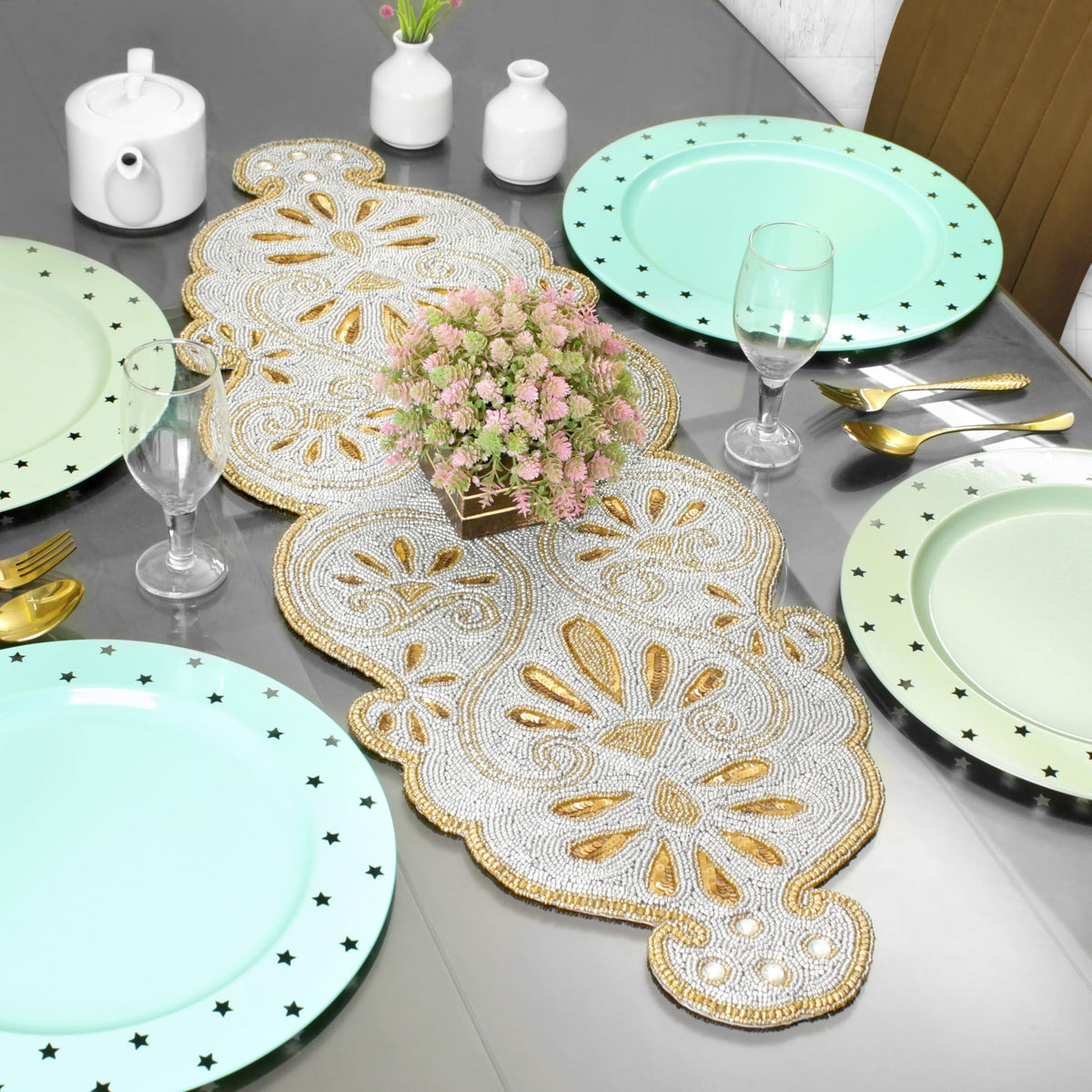 Beaded Runner 36 inch - 13x36 Inch Handmade Glass Bead & Polyester Décor Elegant Dining & Coffee Table Accent -Perfect for Weddings Holidays Farmhouse & Home (Gold Silver) - ALPHA Living HOME