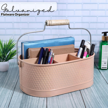 Alpha Living Home Metal Utensil Caddy - 4 Compartment Silverware, Flatware, Cutlery Holder with Handle - Kitchen Organizer for Countertop, Buffet, Picnic, BBQ, Farmhouse(Peach)