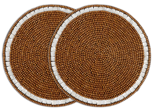 Round Woven Placemats Set of 2 – 13 Inch Handmade Wood with Cotton Backing, Decorative Table Mats for Dining Table, Farmhouse, Boho, Holiday & Everyday Home Decor, Ivory Natural