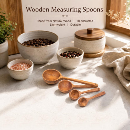 Wooden Measuring Spoons Set of 4 – Handcrafted Natural Wood Measuring Spoons for Baking, Cooking, Coffee, Tea, Spices & Dry Ingredients, Farmhouse Kitchen Accessories, Reusable Food-Safe Kitchen Tools