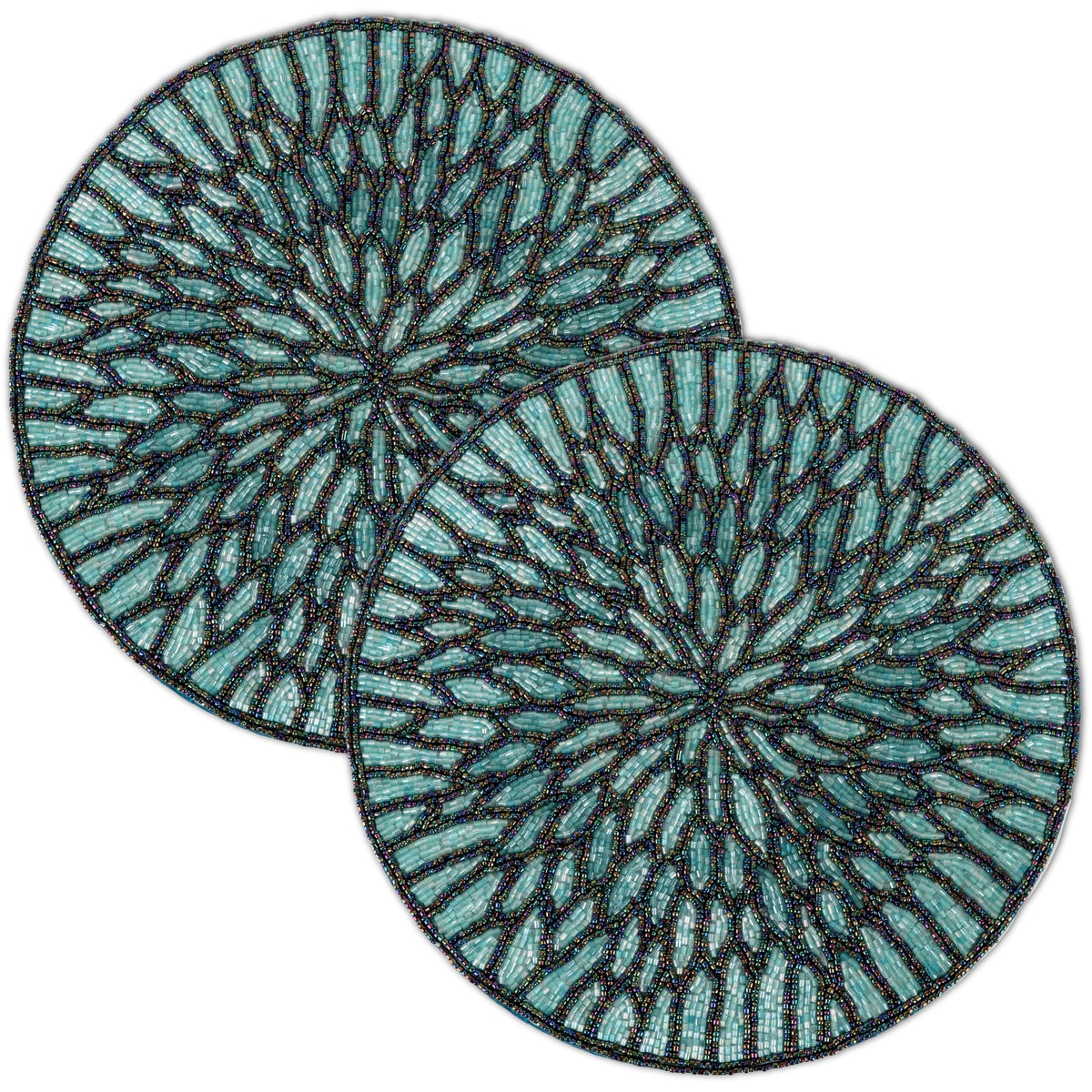 ALPHA Living HOME Beaded Placemats – 13 Inch Round Glass Bead Table Mats, Set of 2 (Blue Black)