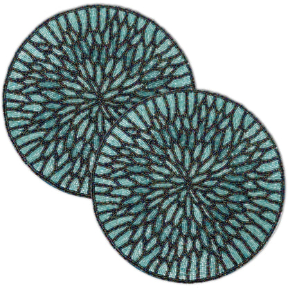ALPHA Living HOME Beaded Placemats – 13 Inch Round Glass Bead Table Mats, Set of 2 (Blue Black)