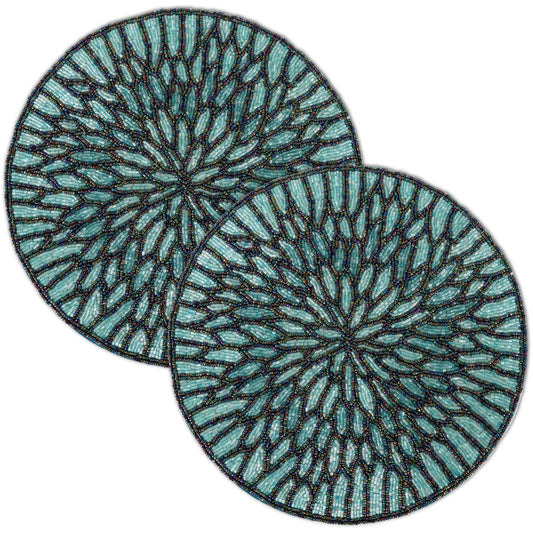 ALPHA Living HOME Beaded Placemats – 13 Inch Round Glass Bead Table Mats, Set of 2 (Blue Black)