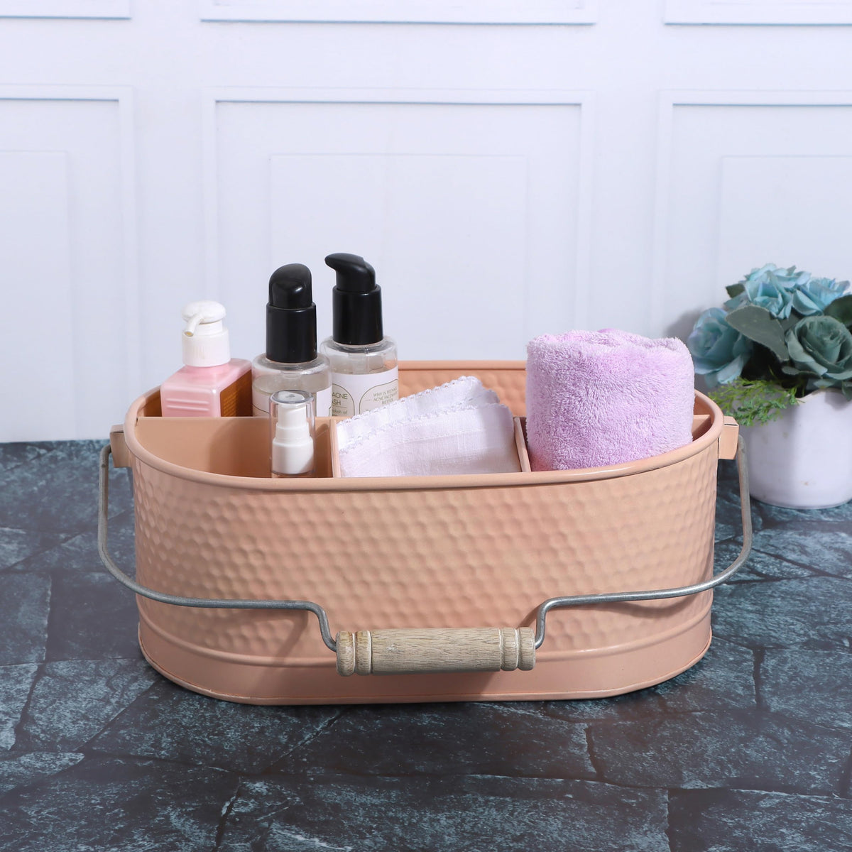 Alpha Living Home Metal Utensil Caddy - 4 Compartment Silverware, Flatware, Cutlery Holder with Handle - Kitchen Organizer for Countertop, Buffet, Picnic, BBQ, Farmhouse(Peach)