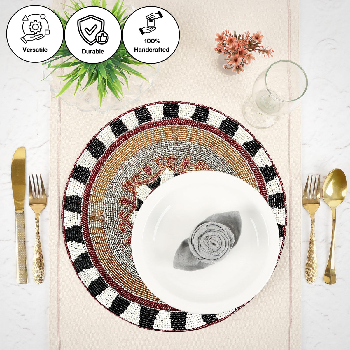Alpha Living Home 13-Inch Round Beaded Placemat, Set of 1