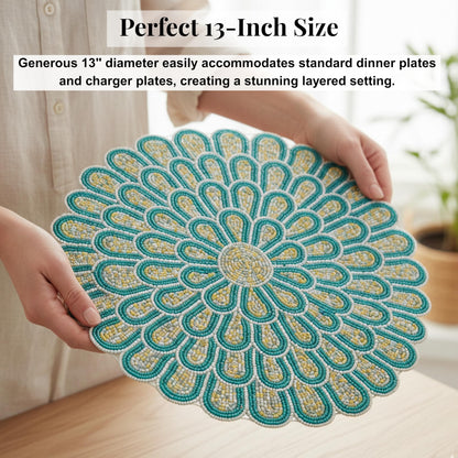 ALPHA Living HOME Round Beaded Placemat – Green & White, 13 Inch, Set of 1