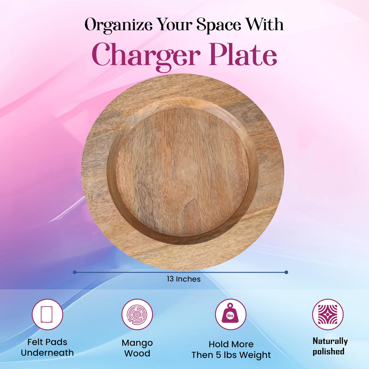 Alpha Living Home Wooden Charger Plates 13 Inch Round, Set of 2 - Brown
