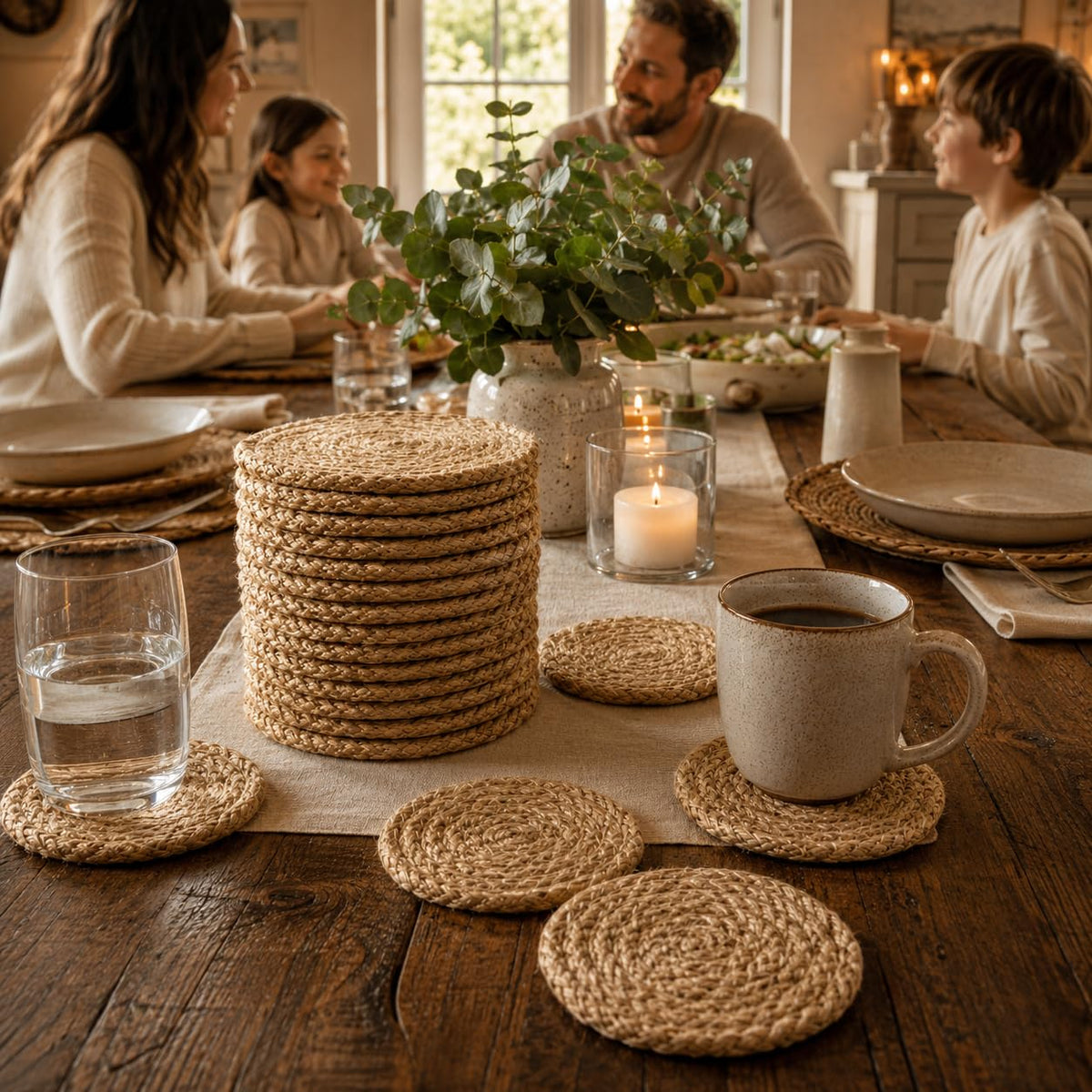 Jute Coasters Set of 12-4 Inch Round Drink Coasters, Thick Absorbent & Heat Resistant | Natural Fiber Coaster for Hot & Cold Drinks, Cups, Glasses, Table & Home Decor – ALPHA Living HOME
