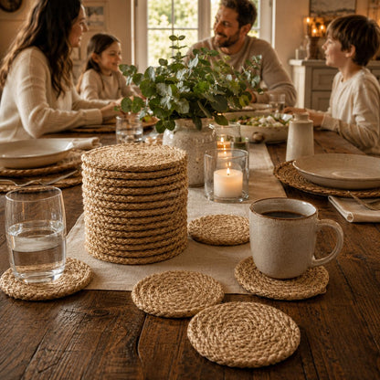 Jute Coasters Set of 12-4 Inch Round Drink Coasters, Thick Absorbent & Heat Resistant | Natural Fiber Coaster for Hot & Cold Drinks, Cups, Glasses, Table & Home Decor – ALPHA Living HOME