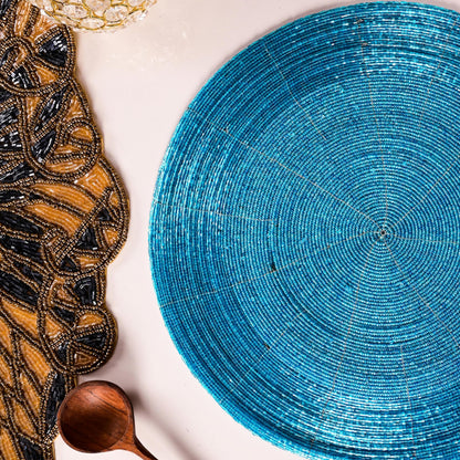 ALPHA Living HOME Round Beaded Placemats – 13 Inch Handmade Glass Bead Table Mats, Set of 4 (Blue)