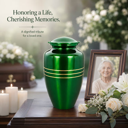 Memorials Cremation Urns for Human Ashes Cremation Urn Funeral Urns for Adult Female & Male Decorative Burial Urn Holds Large up to 220 lbs (Green Gold) - ALPHA Living HOME