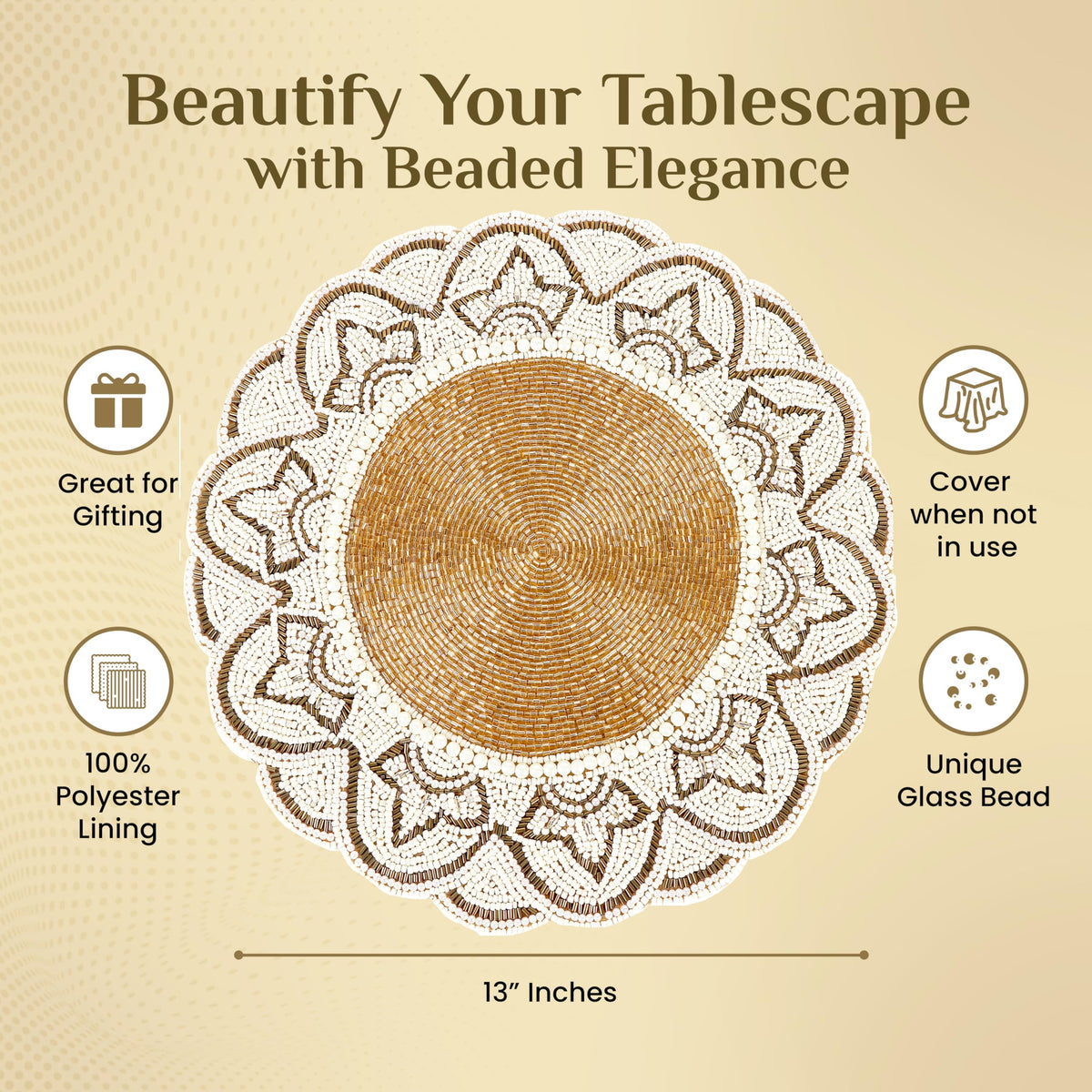 Hand-Beaded 13-Inch Round Placemat, Gold Ivory, Set of 1