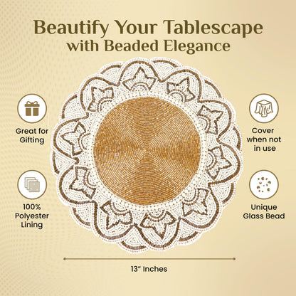 Hand-Beaded 13-Inch Round Placemat, Gold Ivory, Set of 1