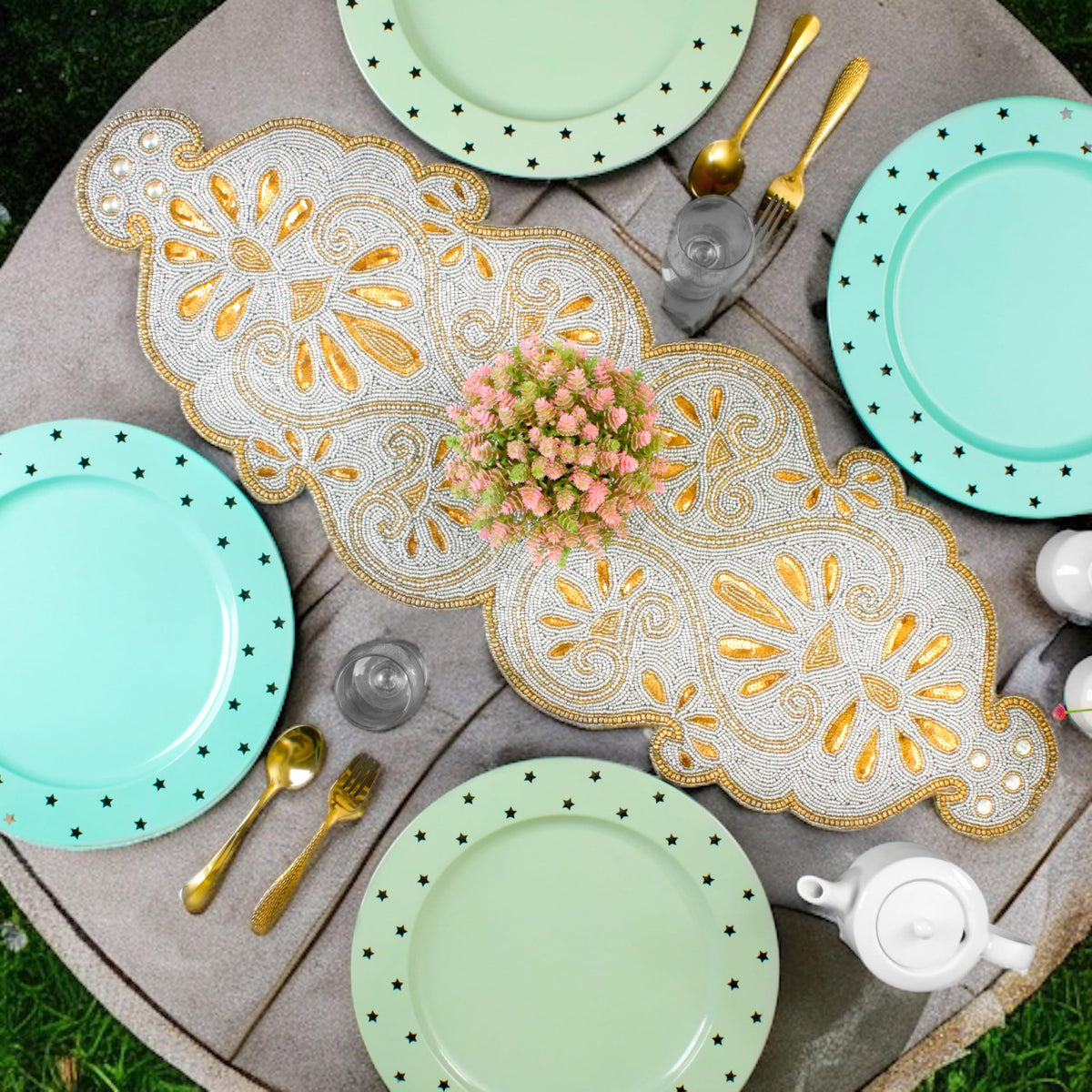 Beaded Runner 36 inch - 13x36 Inch Handmade Glass Bead & Polyester Décor Elegant Dining & Coffee Table Accent -Perfect for Weddings Holidays Farmhouse & Home (Gold Silver) - ALPHA Living HOME