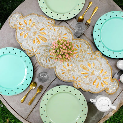 Beaded Runner 36 inch - 13x36 Inch Handmade Glass Bead & Polyester Décor Elegant Dining & Coffee Table Accent -Perfect for Weddings Holidays Farmhouse & Home (Gold Silver) - ALPHA Living HOME