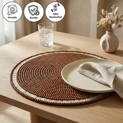 Round Woven Placemats Set of 2 – 13 Inch Handmade Wood with Cotton Backing, Decorative Table Mats for Dining Table, Farmhouse, Boho, Holiday & Everyday Home Decor, Ivory Natural