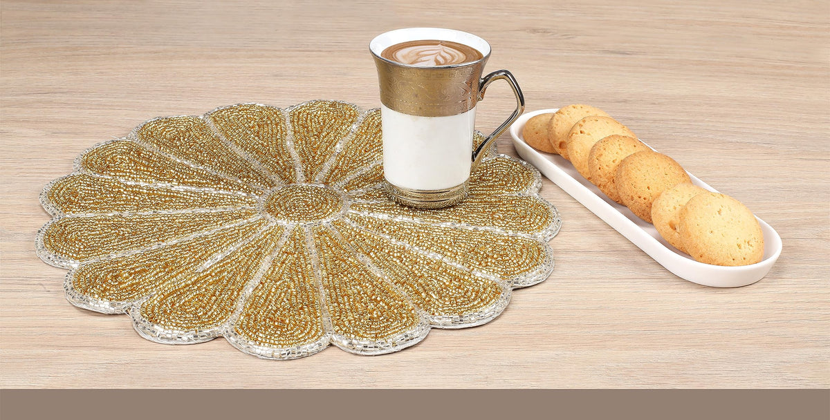 ALPHA Living HOME 2-Pack Round Placemats, Glass Beads, Gold Silver, 13 Inch