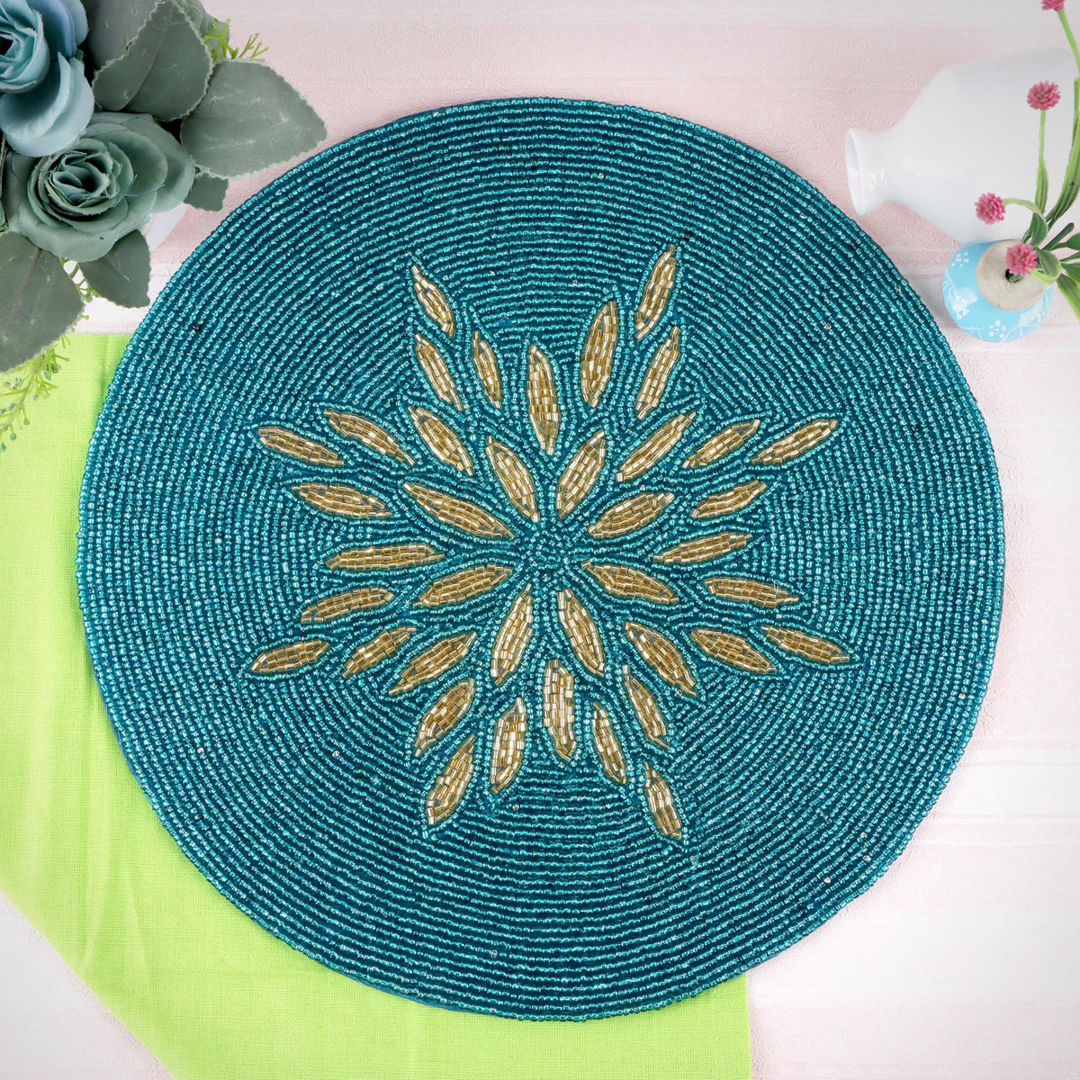 Alpha Living Home 13-Inch Round Beaded Placemat, Gold Teal, Set of 1