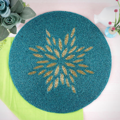 Alpha Living Home 13-Inch Round Beaded Placemat, Gold Teal, Set of 1