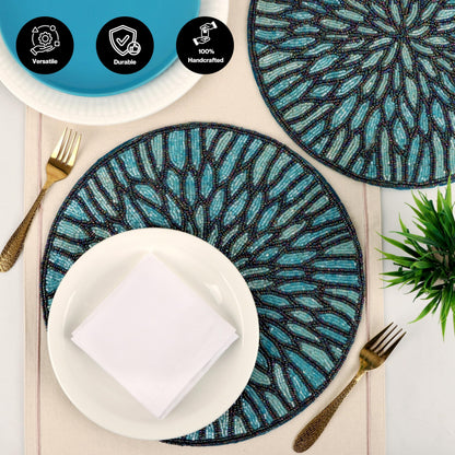 ALPHA Living HOME Beaded Placemats – 13 Inch Round Glass Bead Table Mats, Set of 2 (Blue Black)