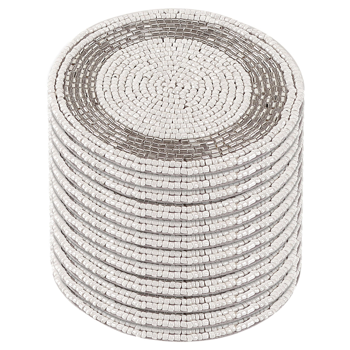 Beaded Coasters Set of 12 – Handmade Glass Bead Drink Coasters with Cotton Backing, 4 Inch Round Decorative Table Coasters for Coffee Table, Dining Table, Bar, Wedding & Home Decor, Silver White