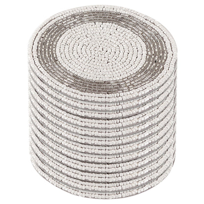 Beaded Coasters Set of 12 – Handmade Glass Bead Drink Coasters with Cotton Backing, 4 Inch Round Decorative Table Coasters for Coffee Table, Dining Table, Bar, Wedding & Home Decor, Silver White