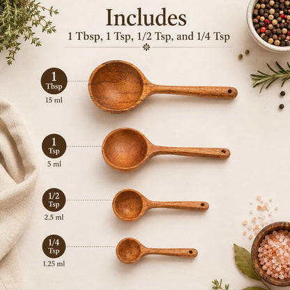 Wooden Measuring Spoons Set of 4 – Handcrafted Natural Wood Measuring Spoons for Baking, Cooking, Coffee, Tea, Spices & Dry Ingredients, Farmhouse Kitchen Accessories, Reusable Food-Safe Kitchen Tools