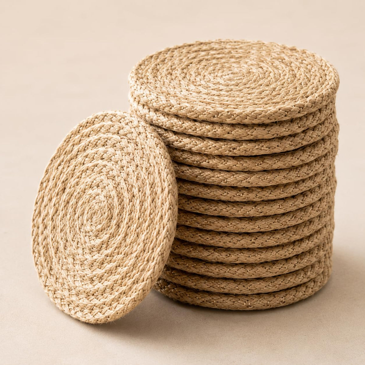 Jute Coasters Set of 12-4 Inch Round Drink Coasters, Thick Absorbent & Heat Resistant | Natural Fiber Coaster for Hot & Cold Drinks, Cups, Glasses, Table & Home Decor – ALPHA Living HOME