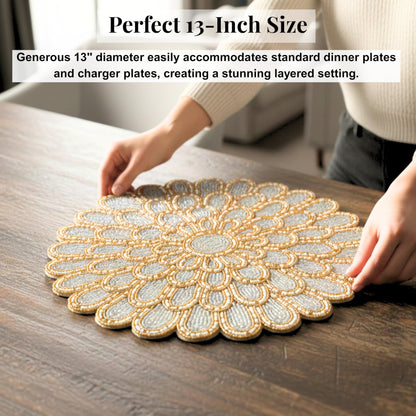 ALPHA Living HOME Beaded Placemat – Ivory & Gold, 13 Inch, Set of 1