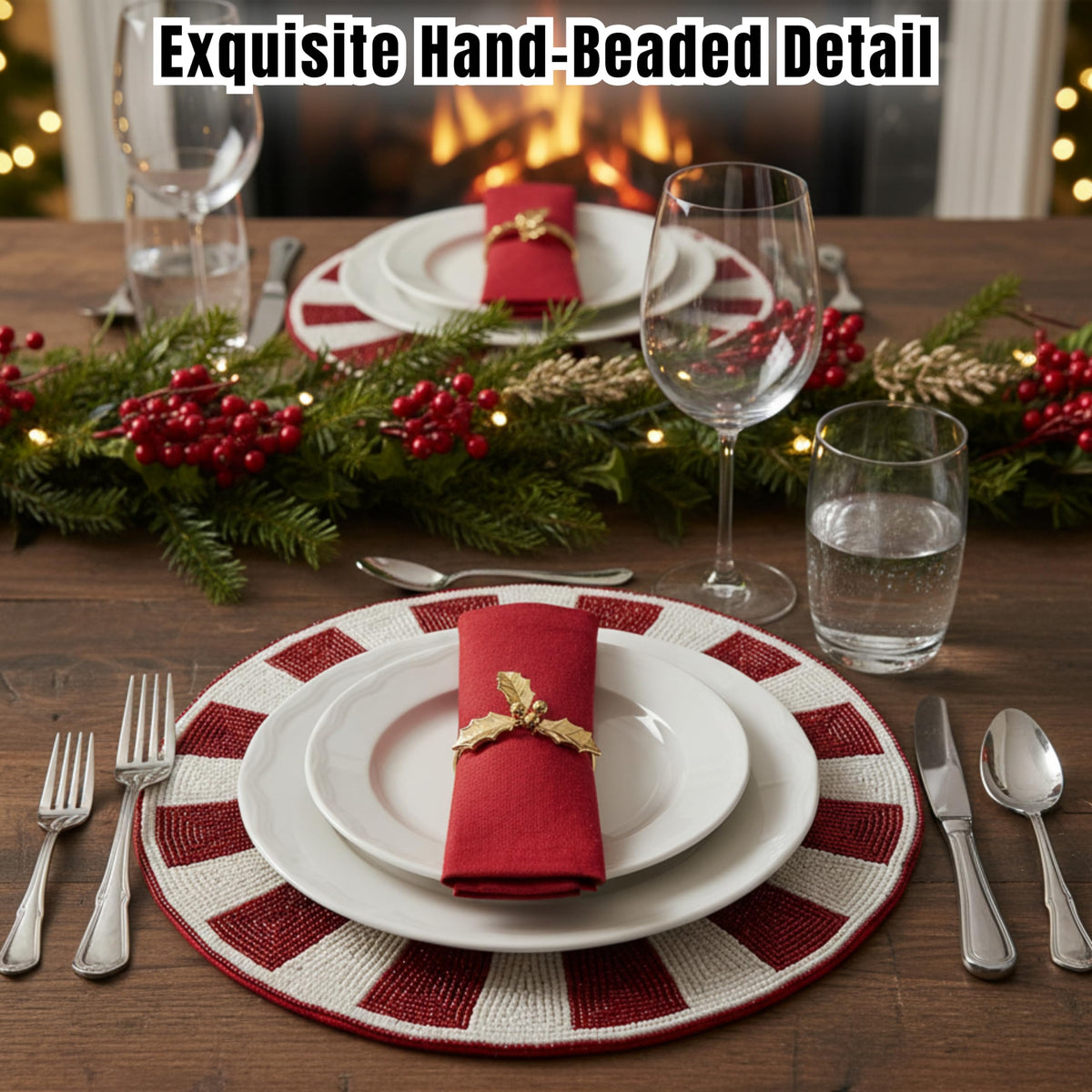 Alpha Living Home Beaded Placemats, Set of 2, 13 in Round, Red & White
