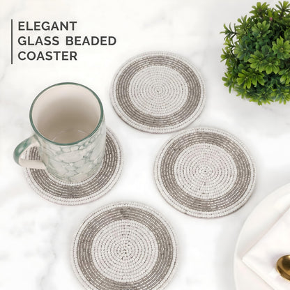 Beaded Coasters Set of 12 – Handmade Glass Bead Drink Coasters with Cotton Backing, 4 Inch Round Decorative Table Coasters for Coffee Table, Dining Table, Bar, Wedding & Home Decor, Silver White