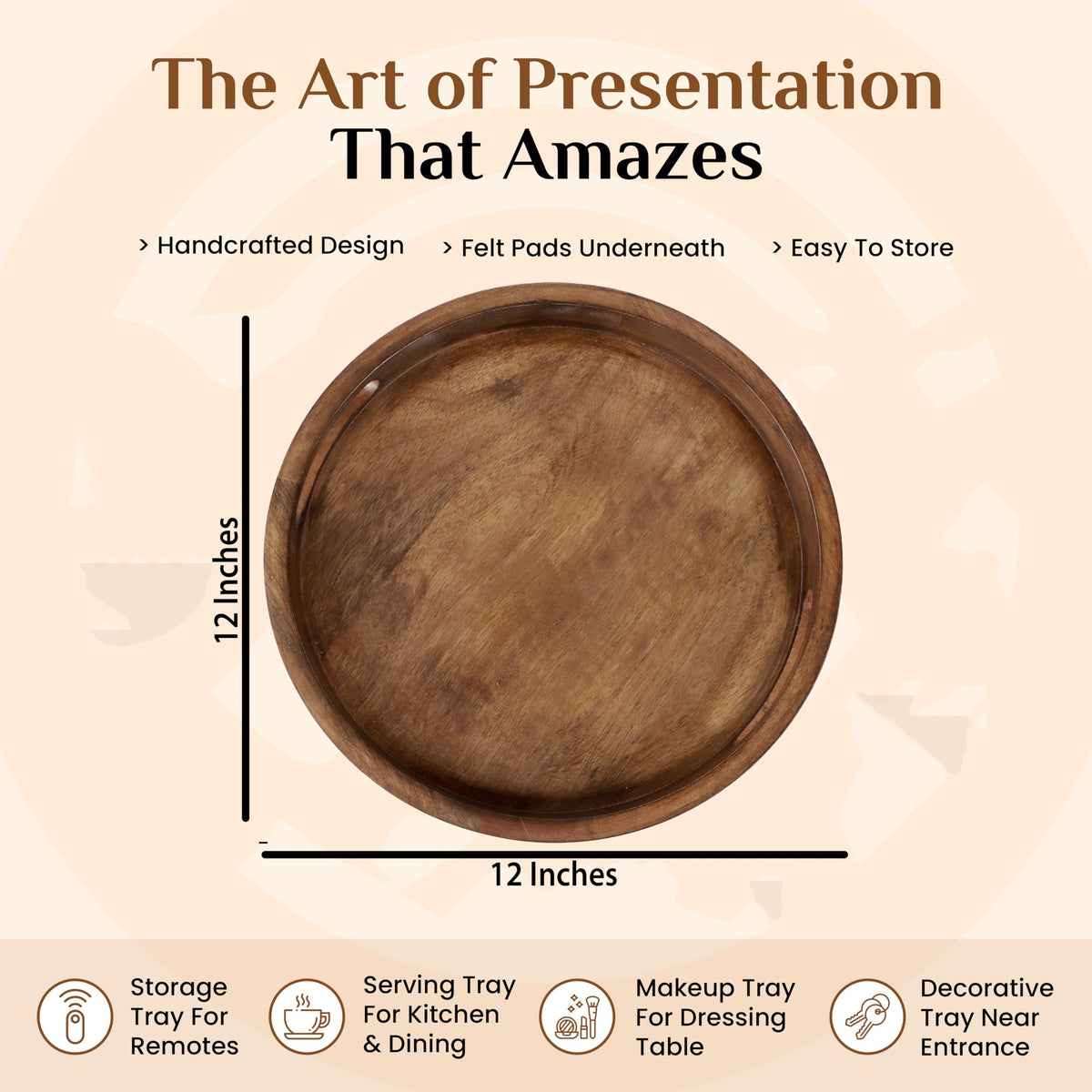 Round Wooden Tray - 12" Decorative Wood Serving Tray - Perfect for Breakfast, Lunch, Dinner, Appetizers, Patio, Ottoman, Coffee Table - Durable Living Room Couch Tray (Walnut) - ALPHA Living HOME